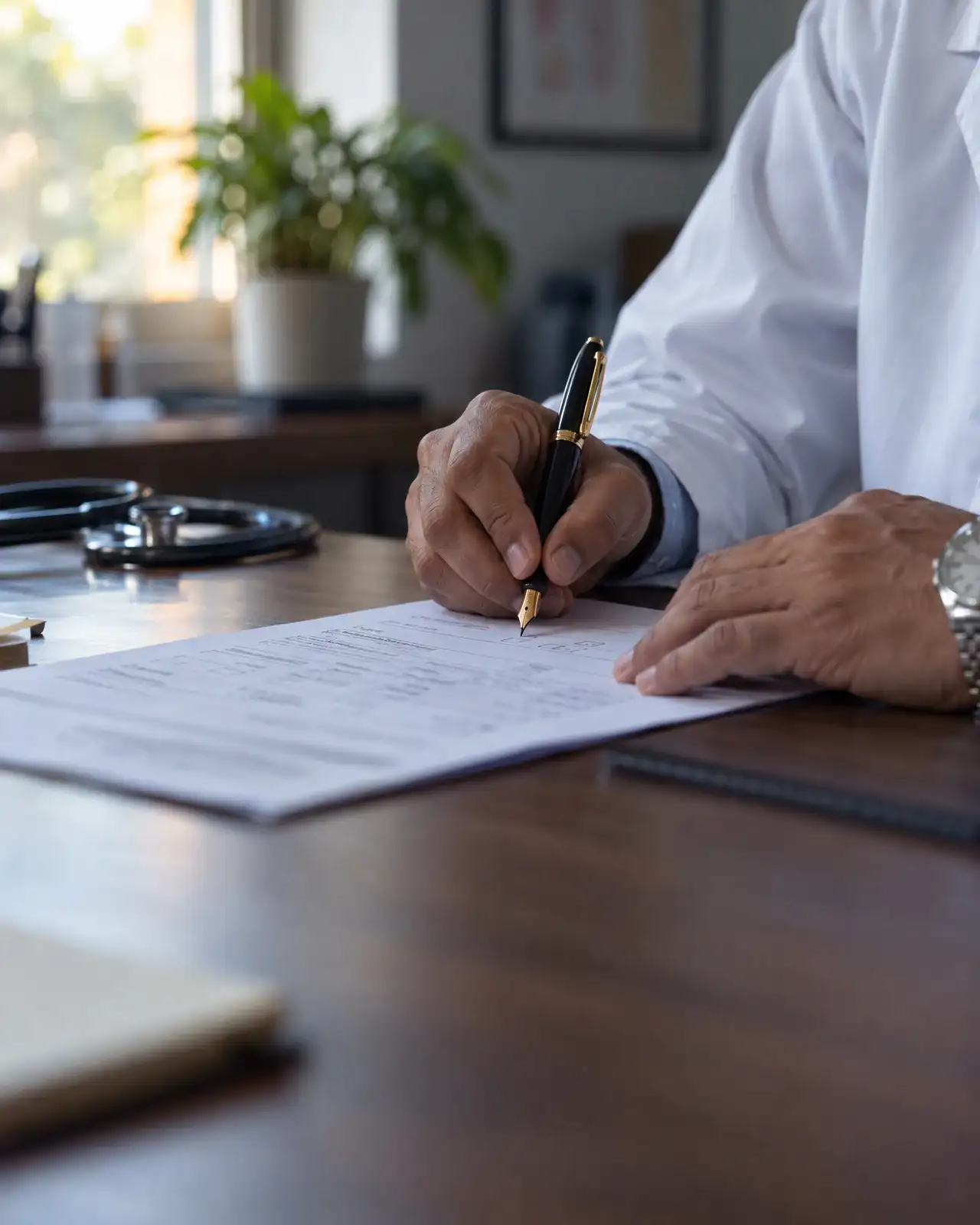A doctor’s hands holding a fountain pen over a printed report on a desk.