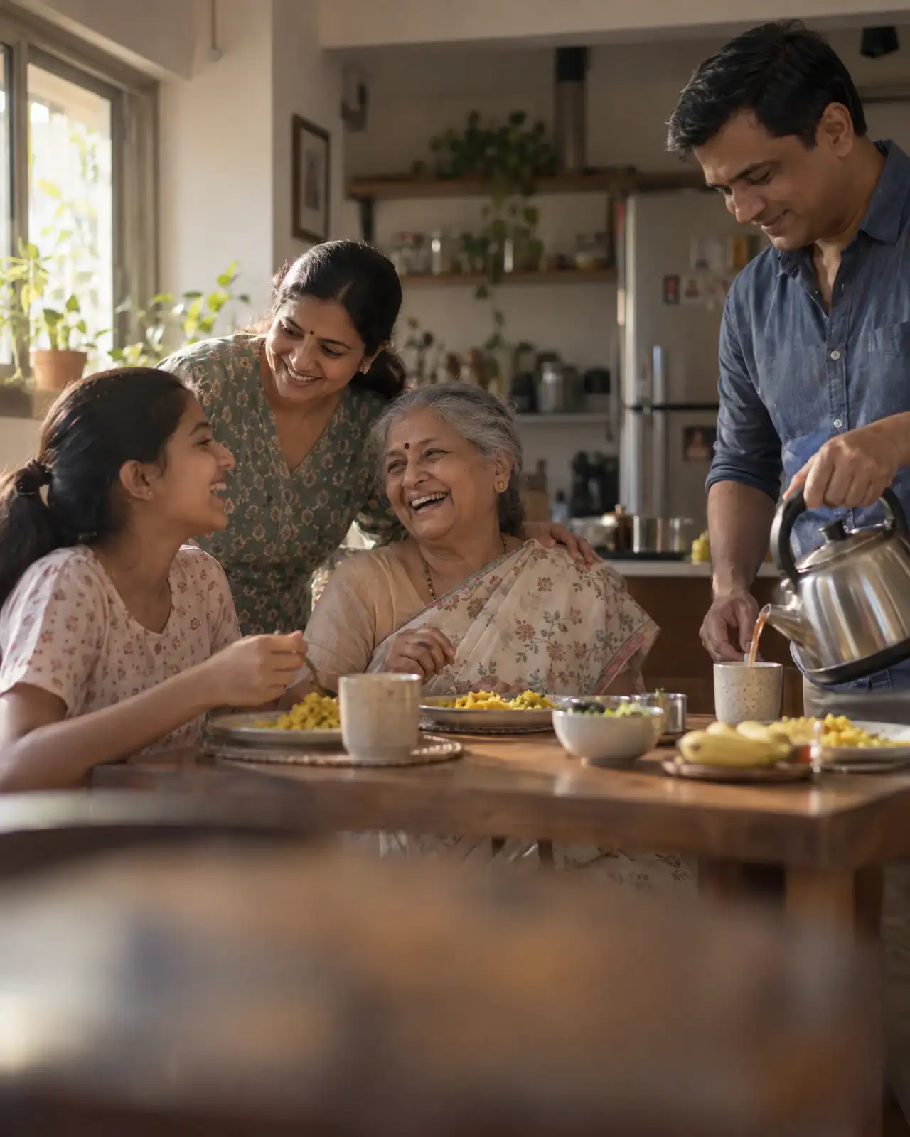 Three generations of a family laughing together over breakfast in a sunlit kitchen.