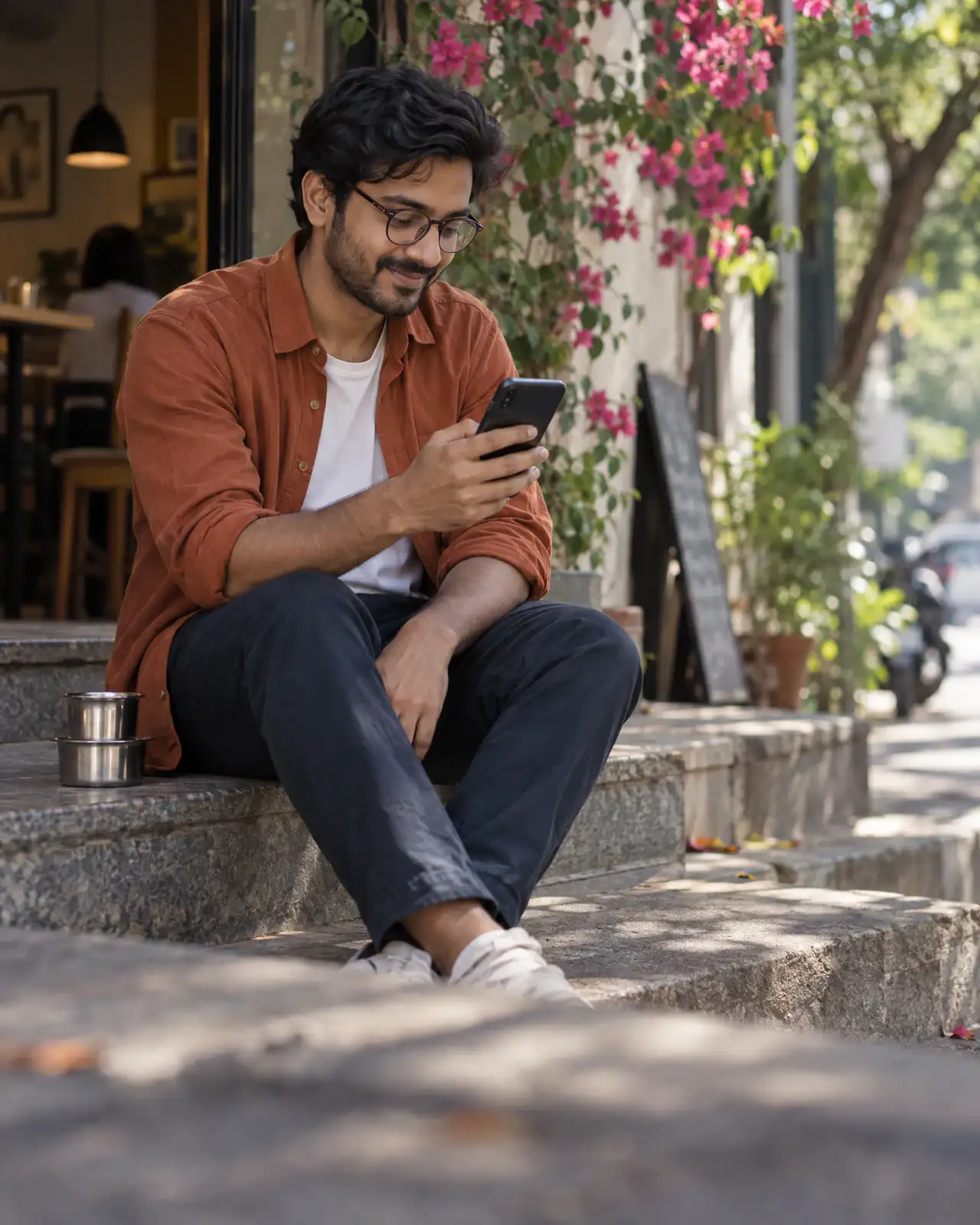 A man sitting on café steps in the morning, smiling at his phone, with a tumbler of filter coffee beside him.